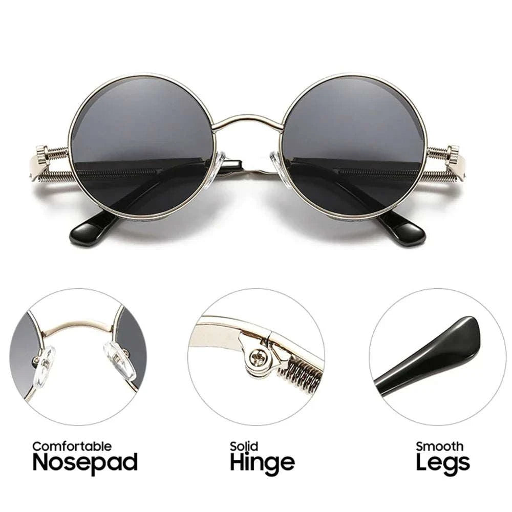 VIVIBEE Vintage Steampunk Red Sunglasses Men Round Punk Alloy Metal Retro Sun Glasses Women 2024 Goggles Gothic Style Shades - Perlen Wiot