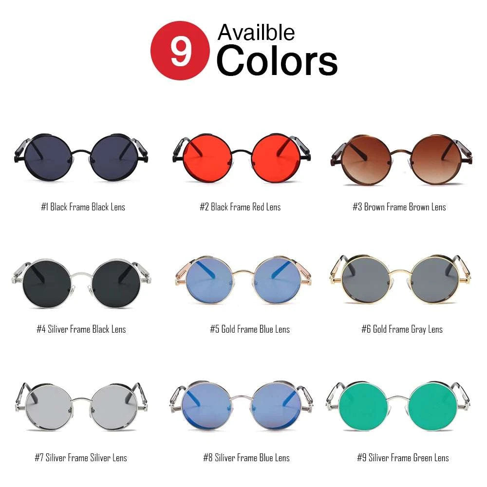 VIVIBEE Vintage Steampunk Red Sunglasses Men Round Punk Alloy Metal Retro Sun Glasses Women 2024 Goggles Gothic Style Shades - Perlen Wiot