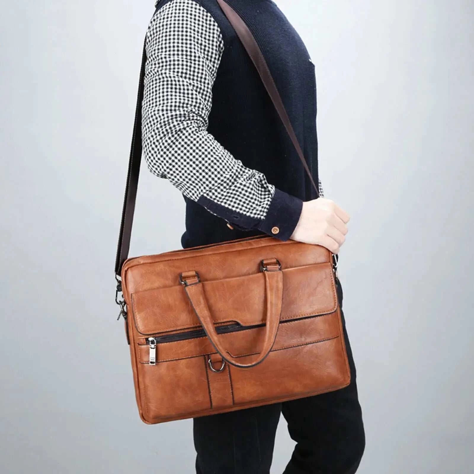 New Men Briefcase Bag Classical Retro PU Leather Luxury Brand Business Handbag Male Crossbody Shoulder Bag Laptop Computer Case Perlen Wiot